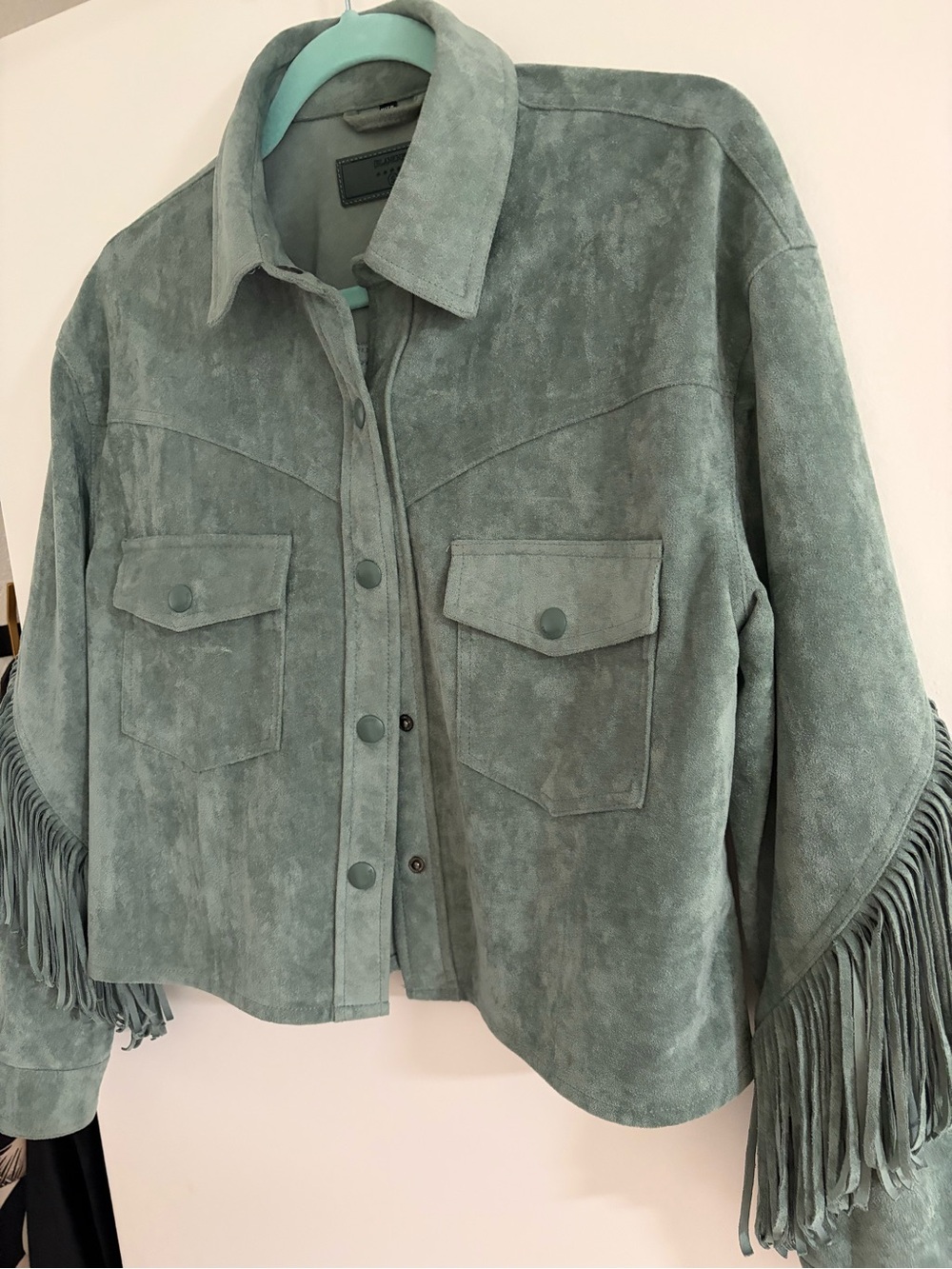 Blank NYC Sage Green Suede Fringe Shirt Jacket